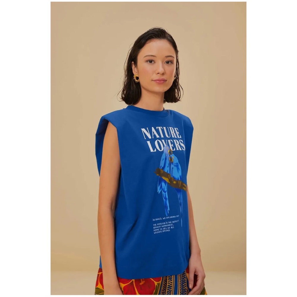 Farm Rio Blue Nature Lovers Shoulder Pad Organic Cotton T-Shirt Blue Macaws M